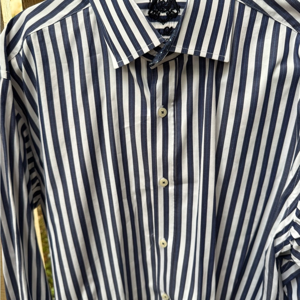 English Laundry Navy and White Vertical Stripe Dress Shirt